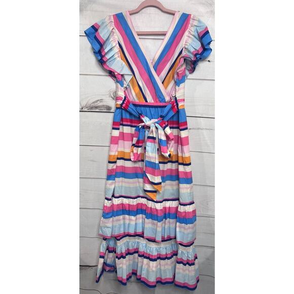 Plenty By Tracy Reese Maxi Dress Multi Color Stripes Ruffles Tie Back Size LG - Picture 2 of 5